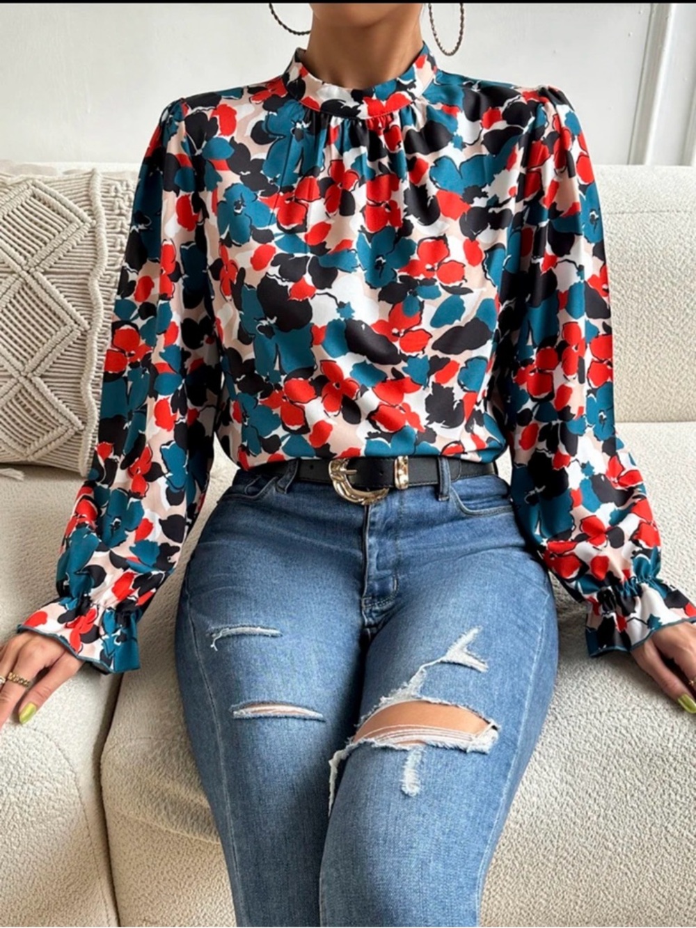 $ FIRM - LIKE NEW SHEIN Allover Floral Print Flounce Sleeve Blouse - Sz Large